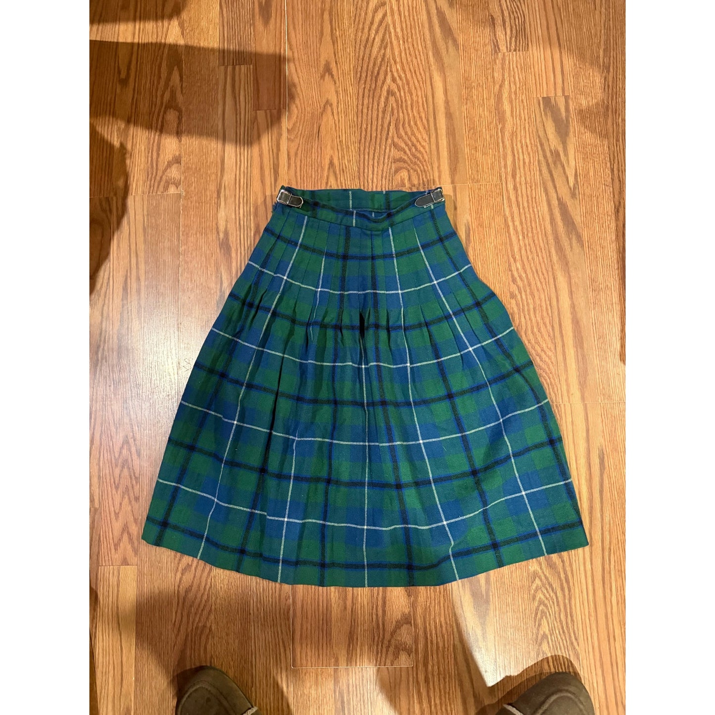 Vintage Scottish Wool Tartan Kilt Blue Green Plaid Made in Scotland