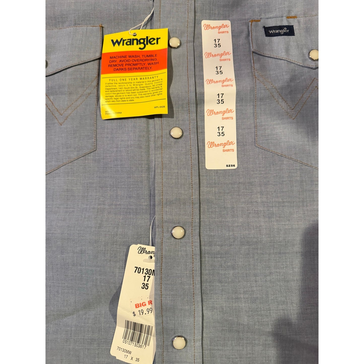 Wrangler Western Pearl Snap Shirt – Light Blue Chambray NWT