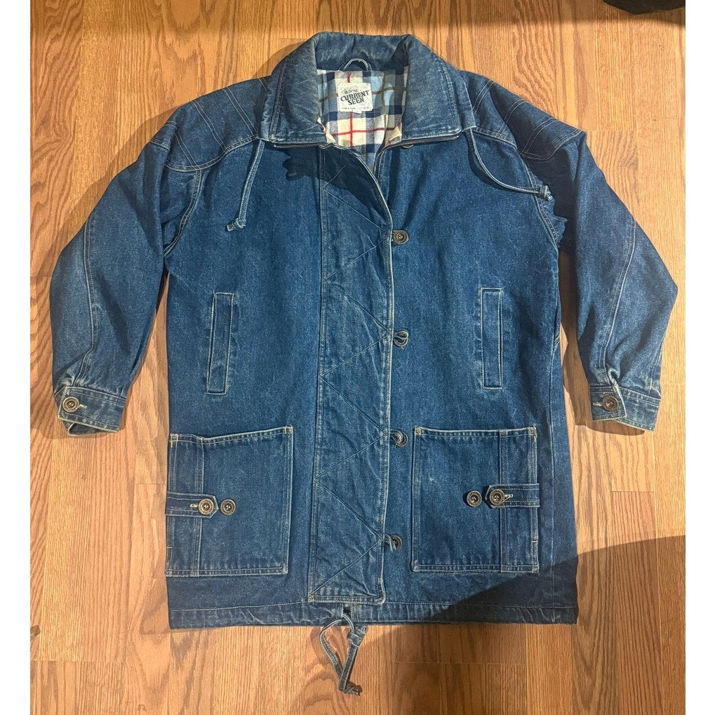 90s y2k Current Seen Denim Field Jacket Plaid Lined Size M