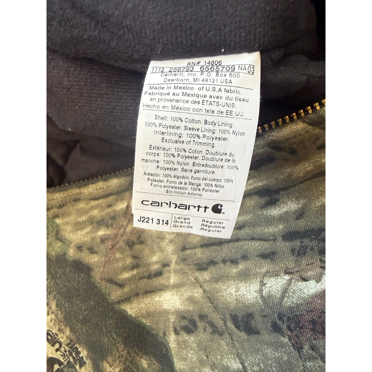 Carhartt Mossy Oak Break Up J221 314 Camo Jacket size Large