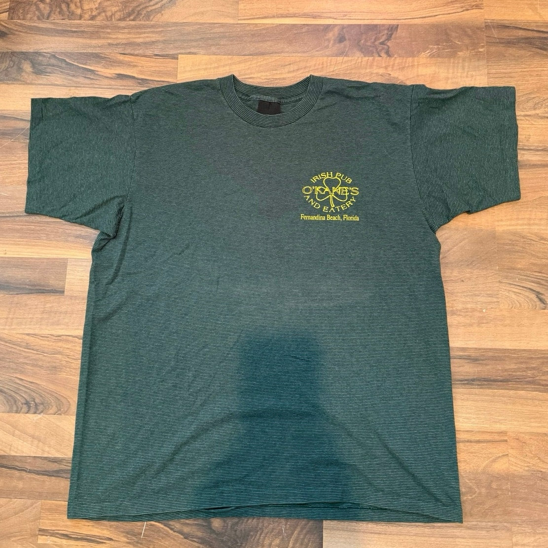 O’Kane’s Irish Pub Green striped single stitch size XL