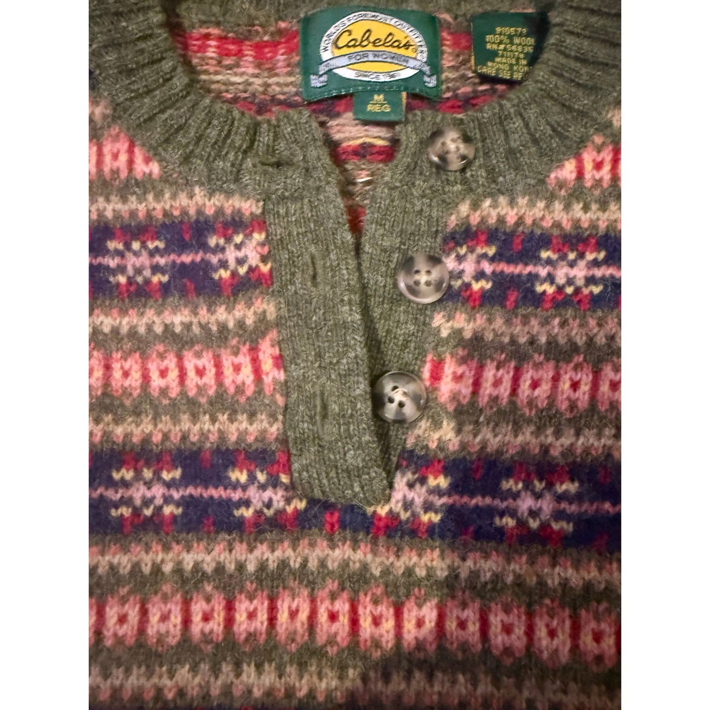 Vintage Cabela’s Fair Isle Wool Henley Sweater – Made in Hong Kong (Women’s M)